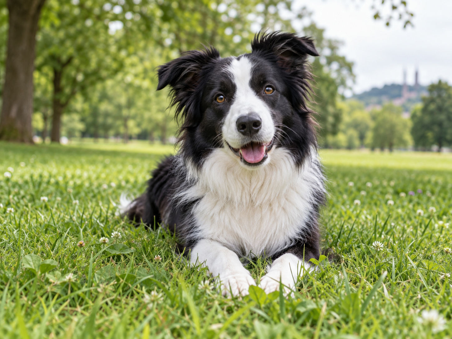 Schwarz-weißer Border Collie liegt aufmerksam und freundlich im grünen Park